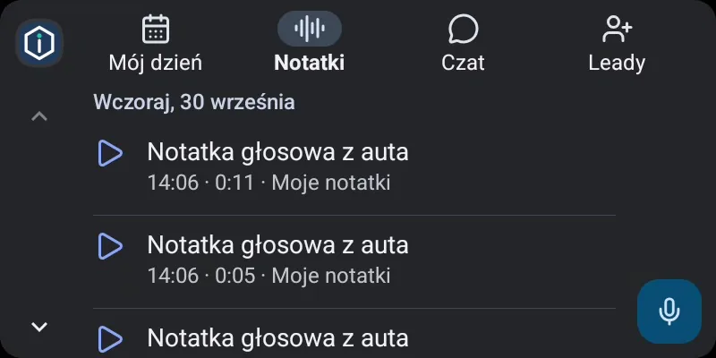 Notatki głosowe nagrane w samochodzie, widoczne na ekranie Android Auto w aplikacji Instero
