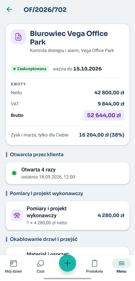 Zaakceptowana oferta w aplikacji Instero z kwotami netto i brutto, zyskiem i liczbą otwarć przez klienta