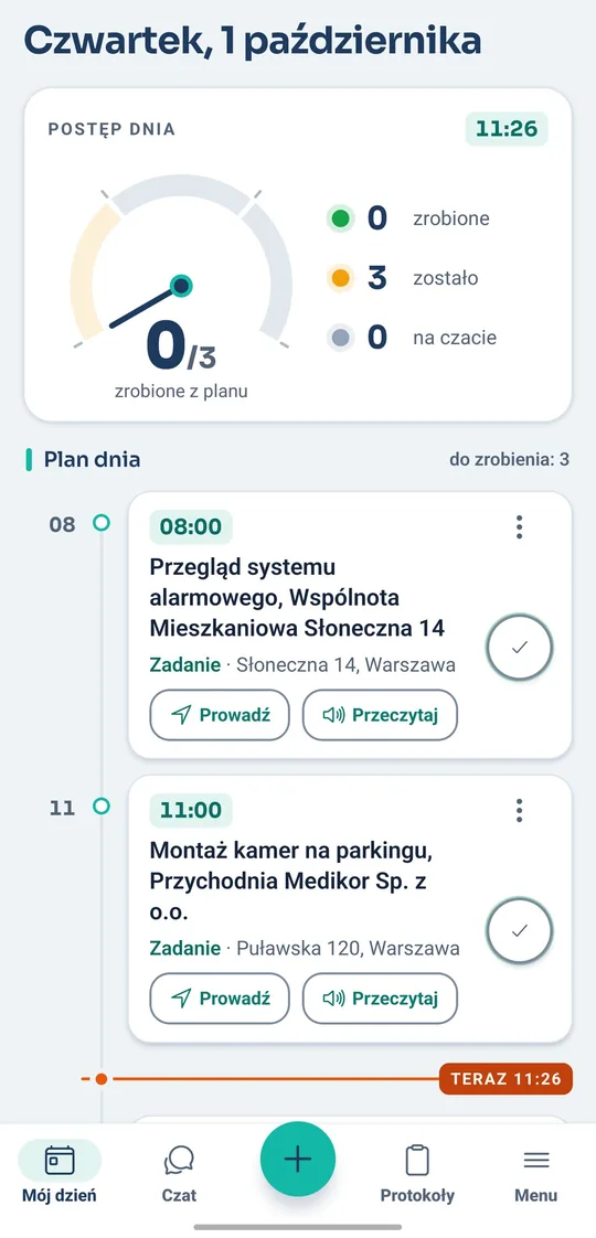 Plan dnia montera w aplikacji Instero: dwa zlecenia z godzinami, adresami i przyciskami Prowadź i Przeczytaj