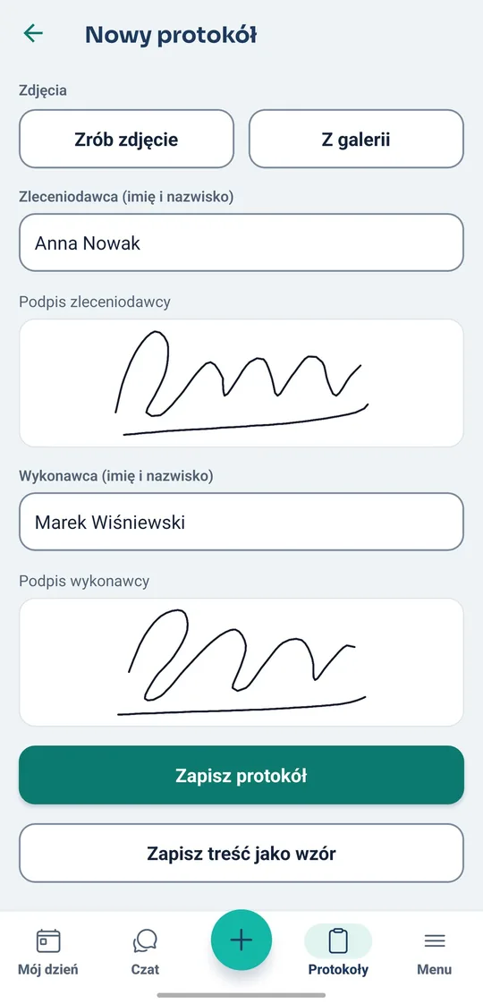 Nowy protokół w aplikacji Instero z przyciskami do zdjęć oraz podpisami zleceniodawcy i wykonawcy